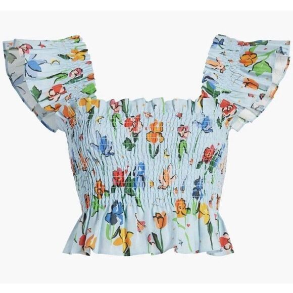 Hill House Tops - HILL HOUSE The Ellie Crop Top Light Blue Space Floral Size L